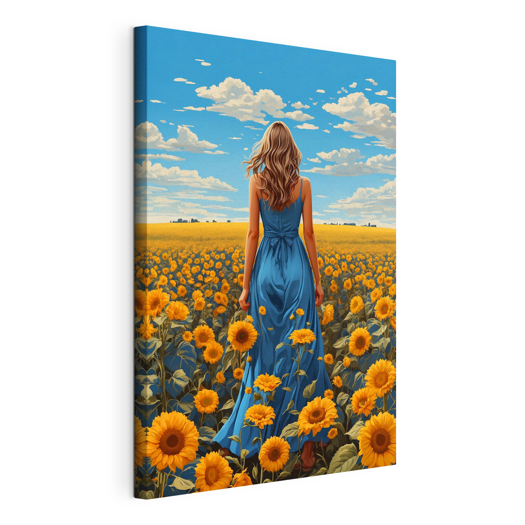 A woman in a blue dress in a field of sunflowers