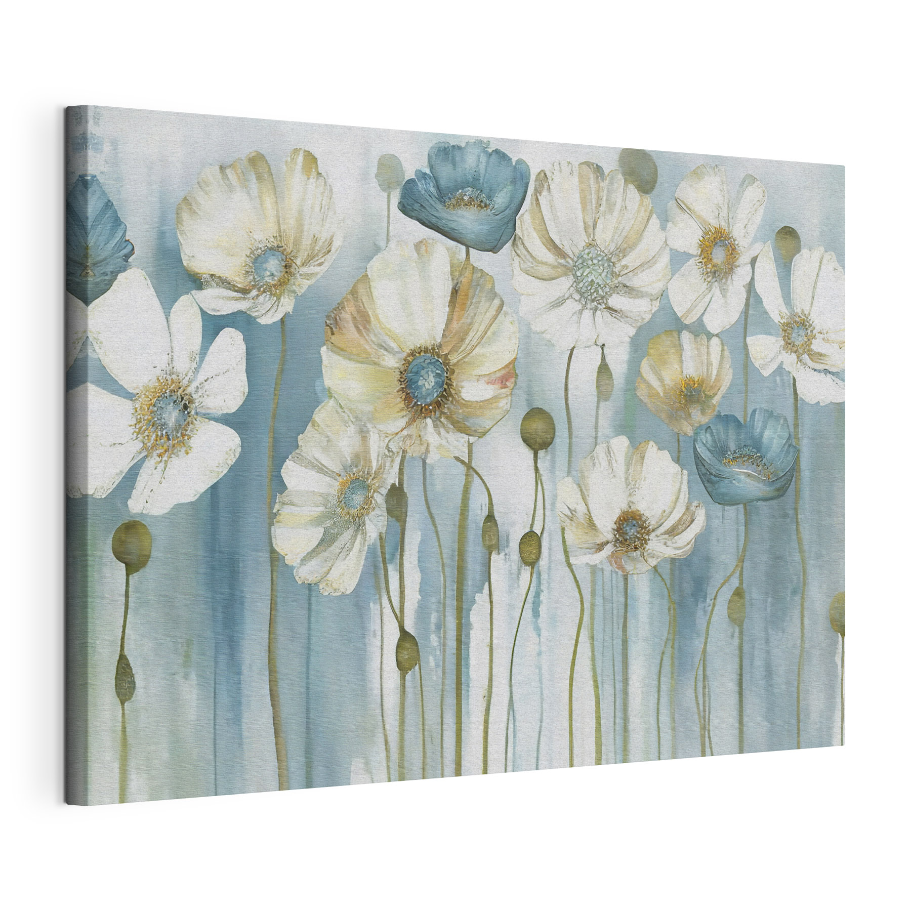 A painting of white and blue flowers