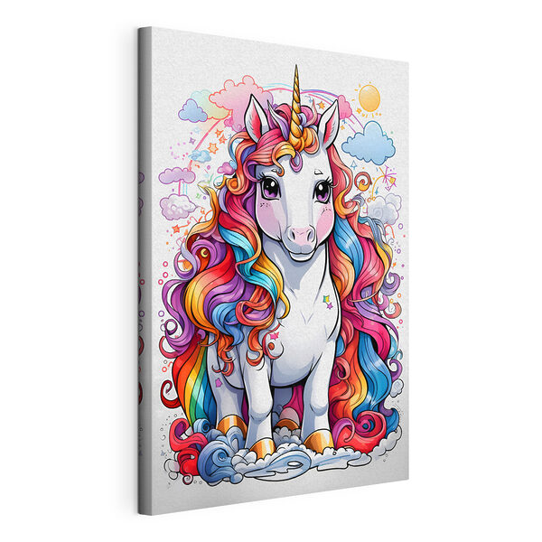 A cartoon unicorn with rainbow hair