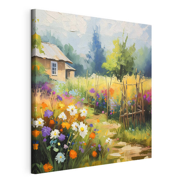A painting of a house and flowers