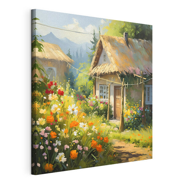 A painting of a house with flowers
