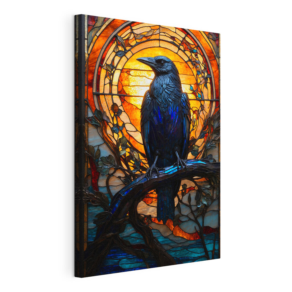 A stained glass window with a bird on a branch