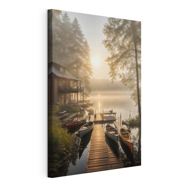A dock with boats and a house on the water