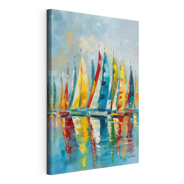 A painting of sailboats on water