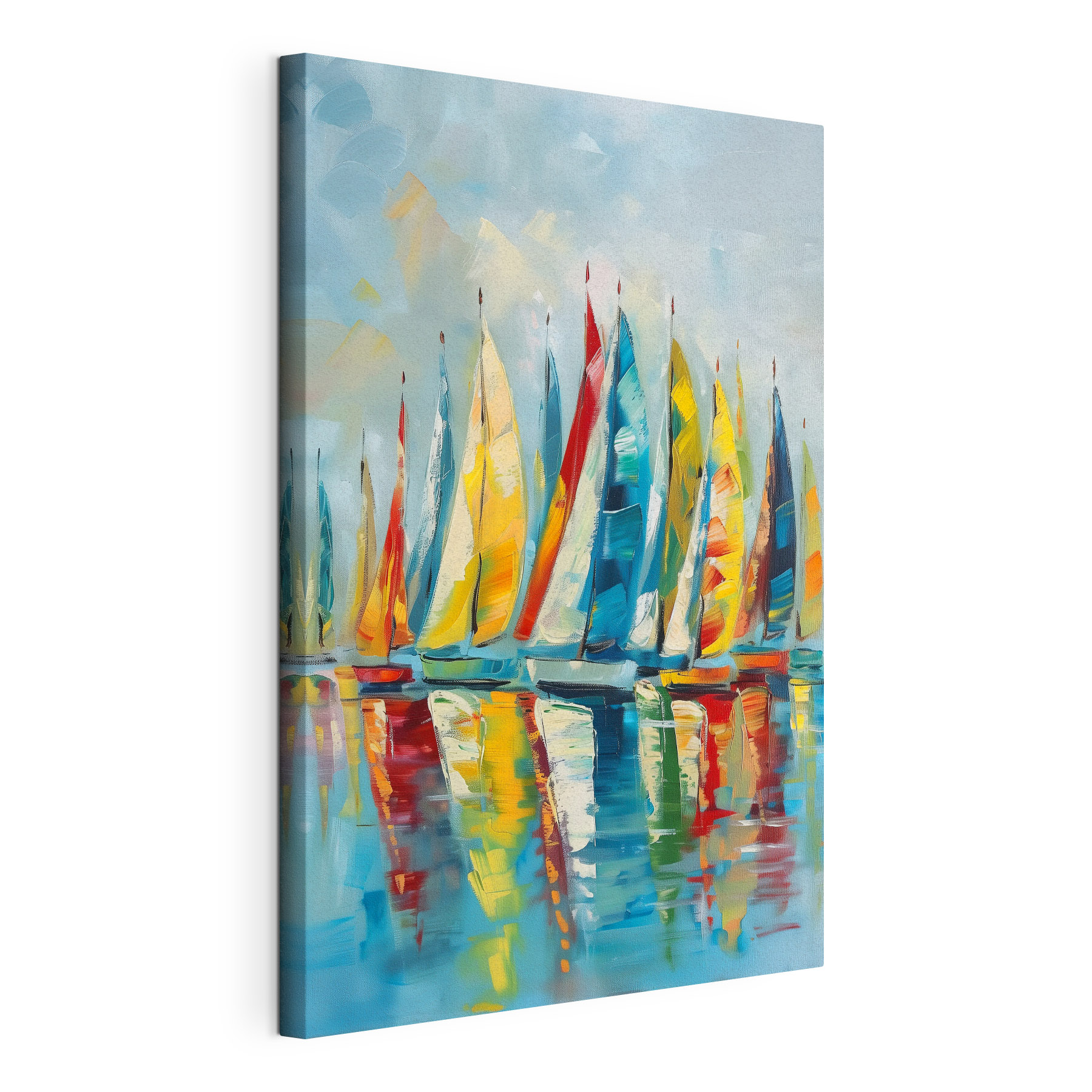 A painting of sailboats on water