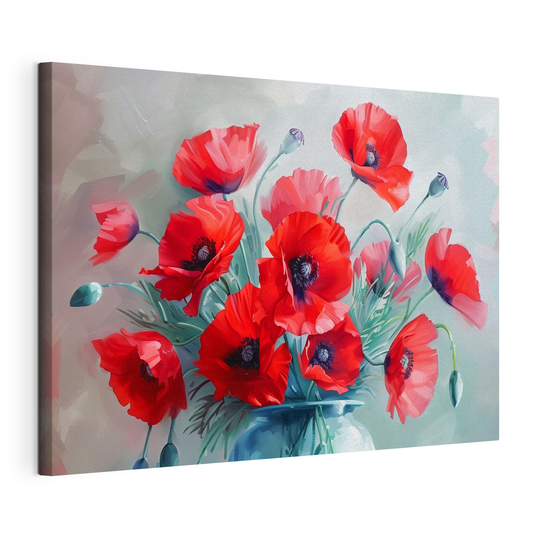 A painting of red flowers in a vase