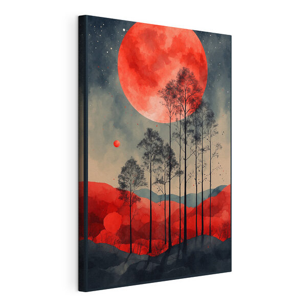 A painting of trees and a red moon