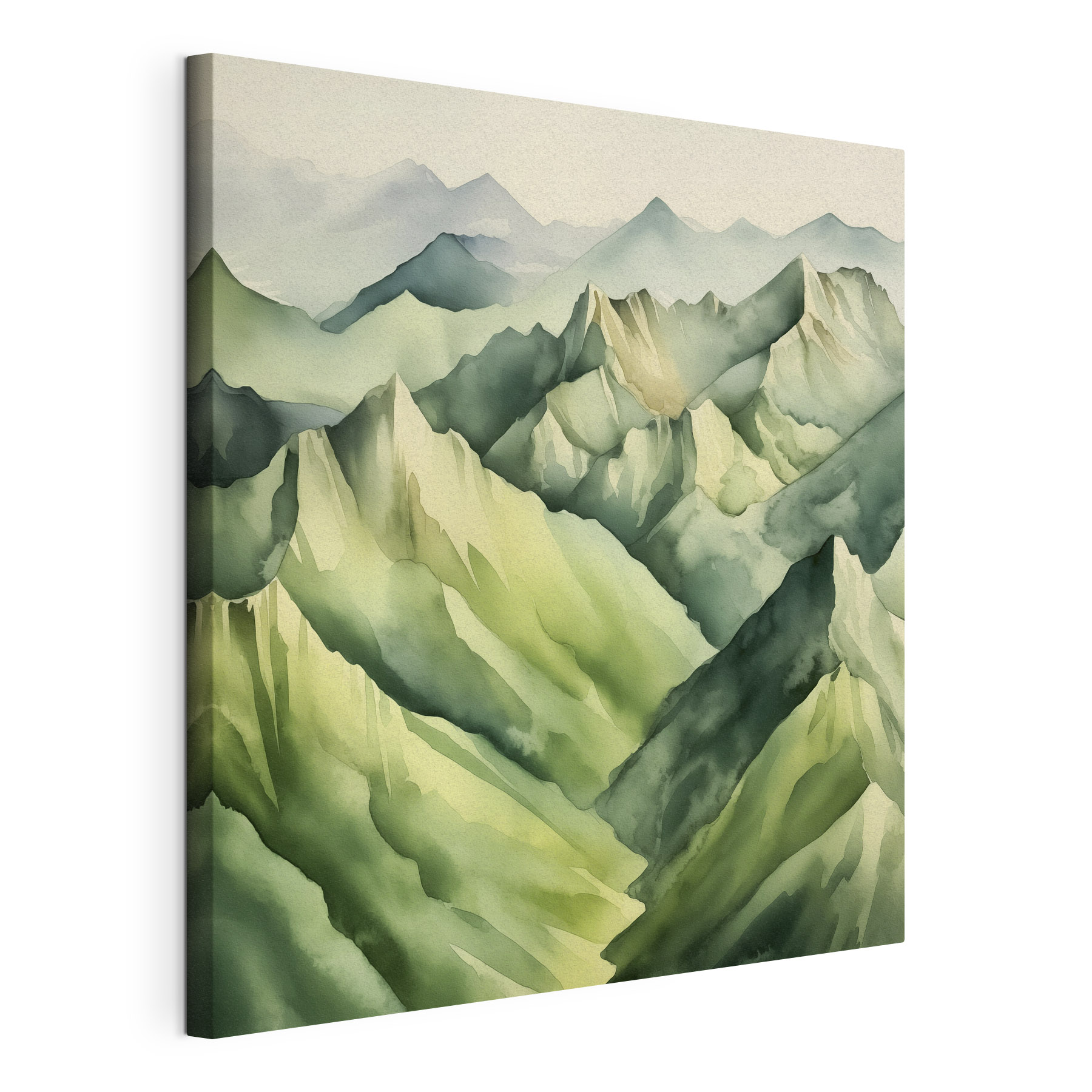 A painting of mountains with fog A painting of mountains with fog