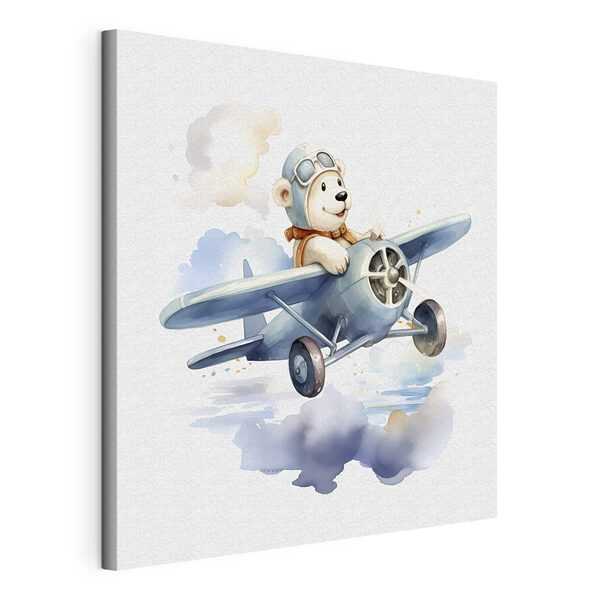 A cartoon bear in a pilot hat flying in an airplane