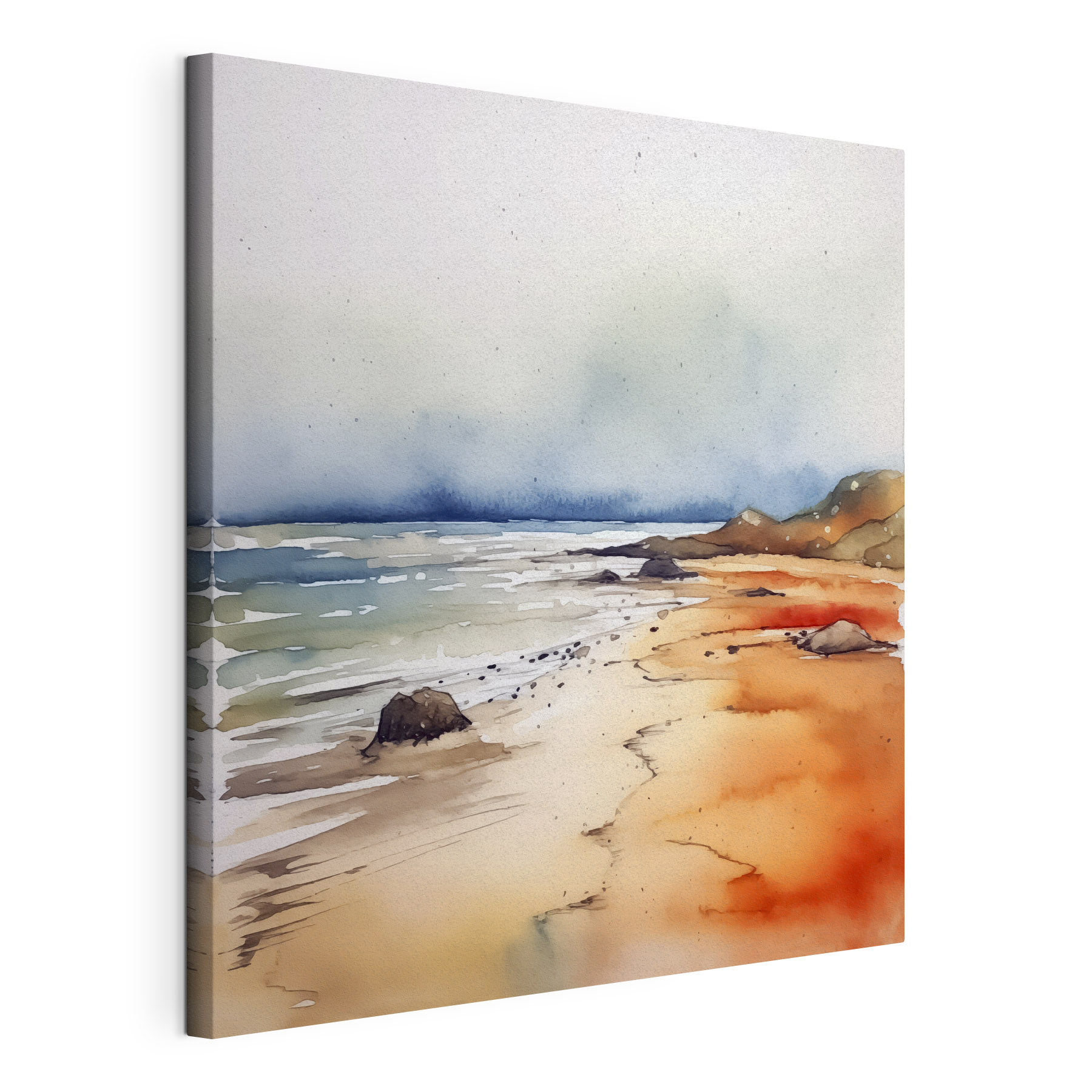 Watercolor of a beach with rocks and water