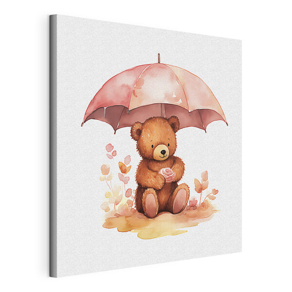 A watercolor of a teddy bear holding a flower under an umbrella A watercolor of a teddy bear holding a flower under an umbrella