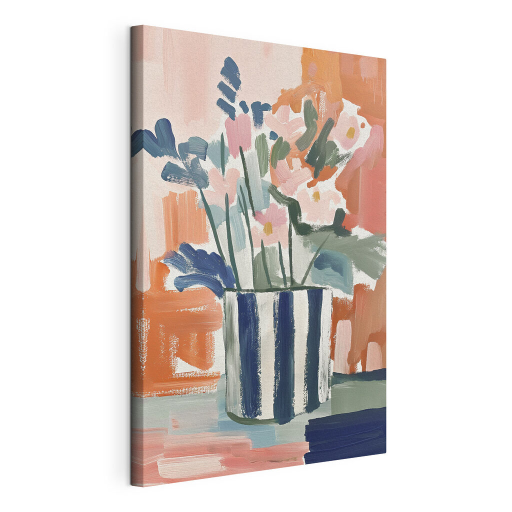 A painting of flowers in a striped pot