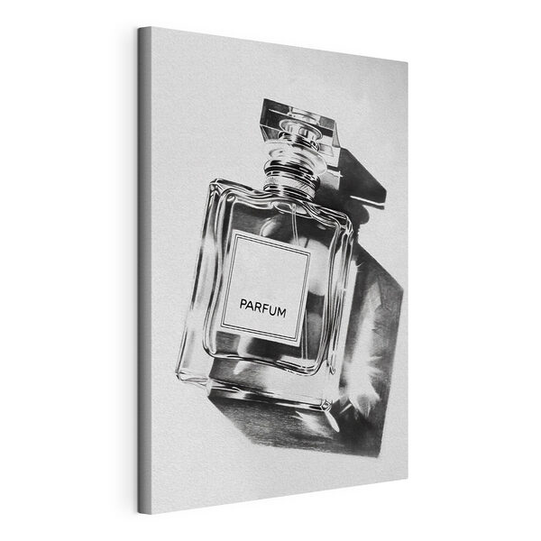 A black and white photo of a bottle of perfume
