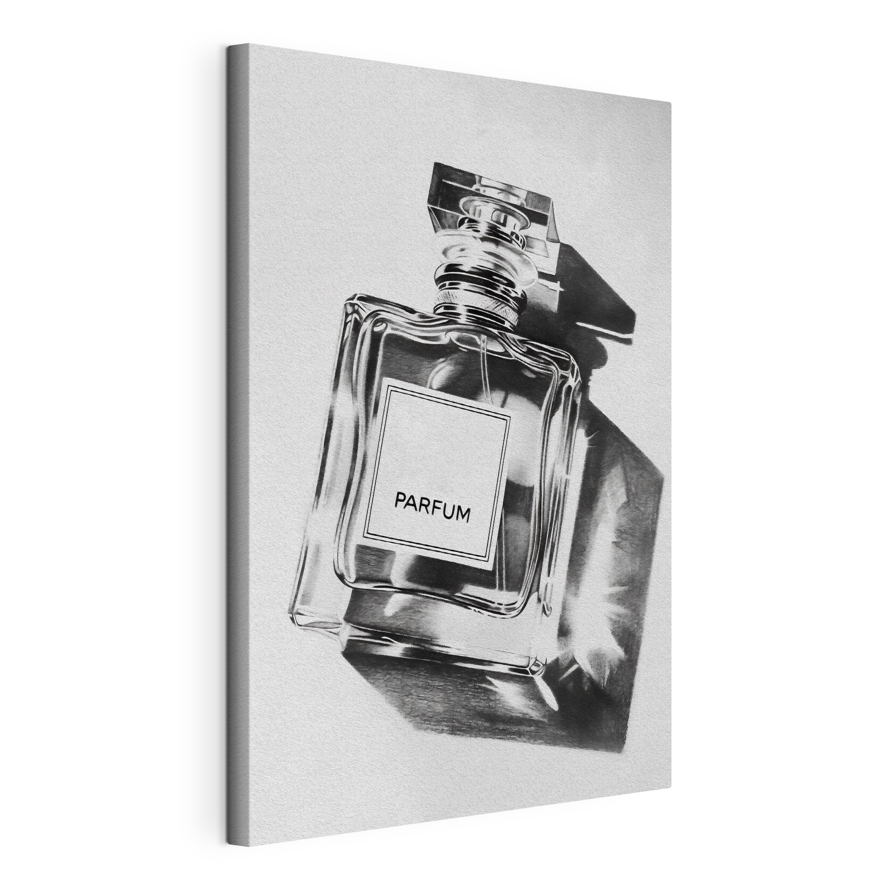 A black and white photo of a bottle of perfume