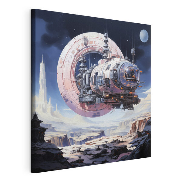 A space ship flying over a canyon