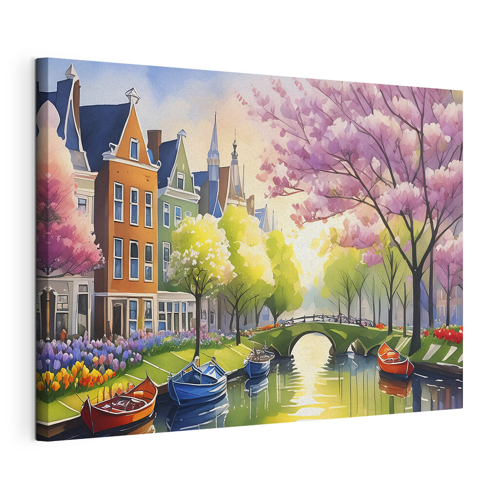 A water canal with boats and trees and a bridge A water canal with boats and trees and a bridge