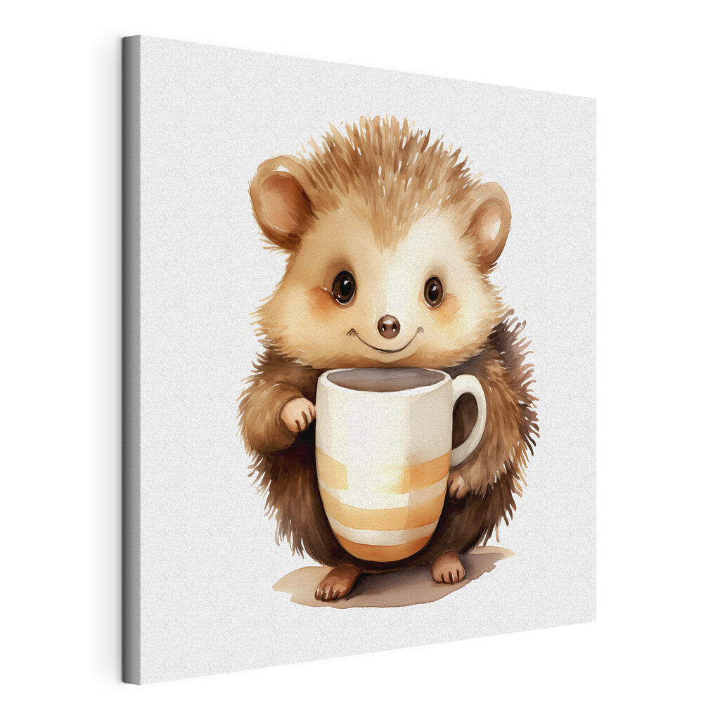 A watercolor of a hedgehog holding a cup