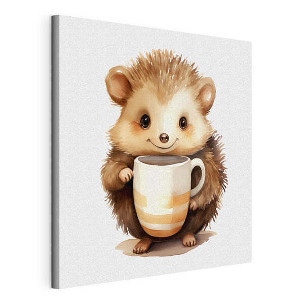 A watercolor of a hedgehog holding a cup