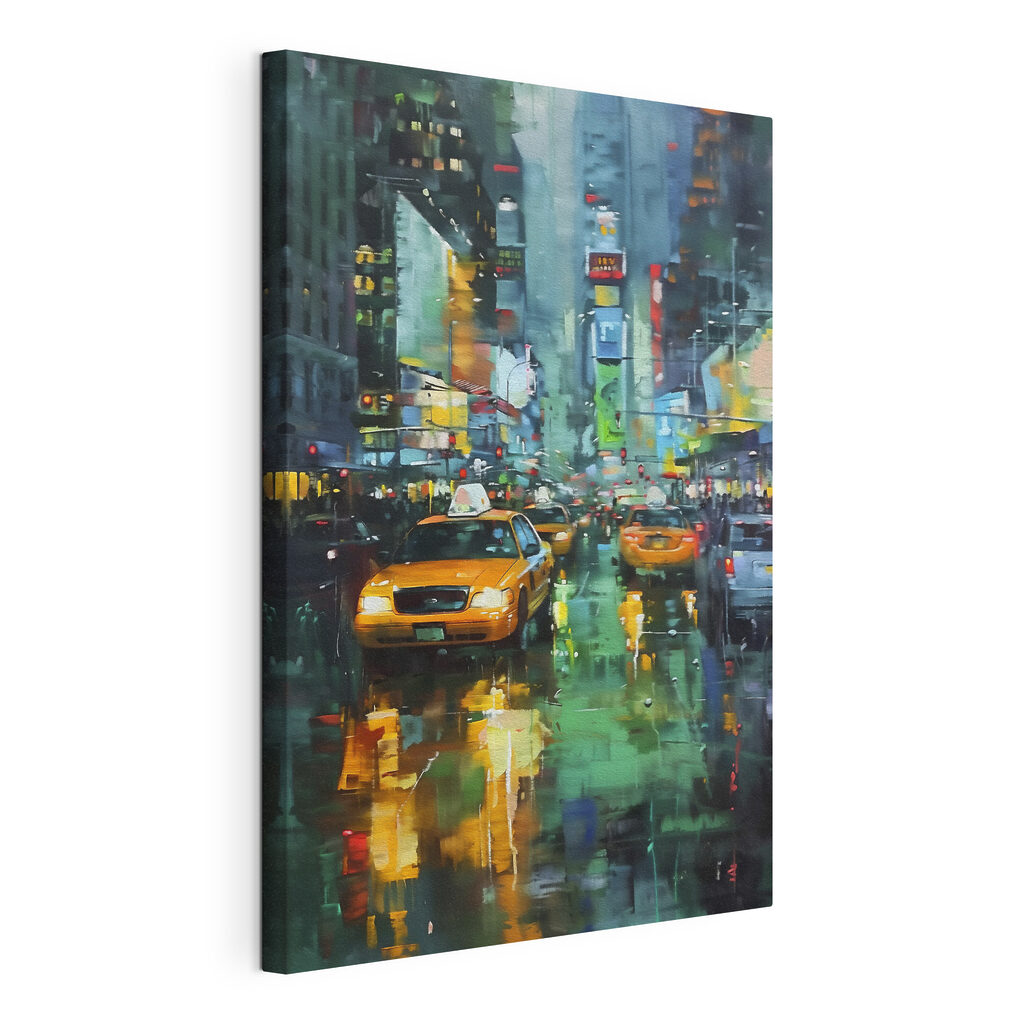 Yellow taxi cabs on a wet street