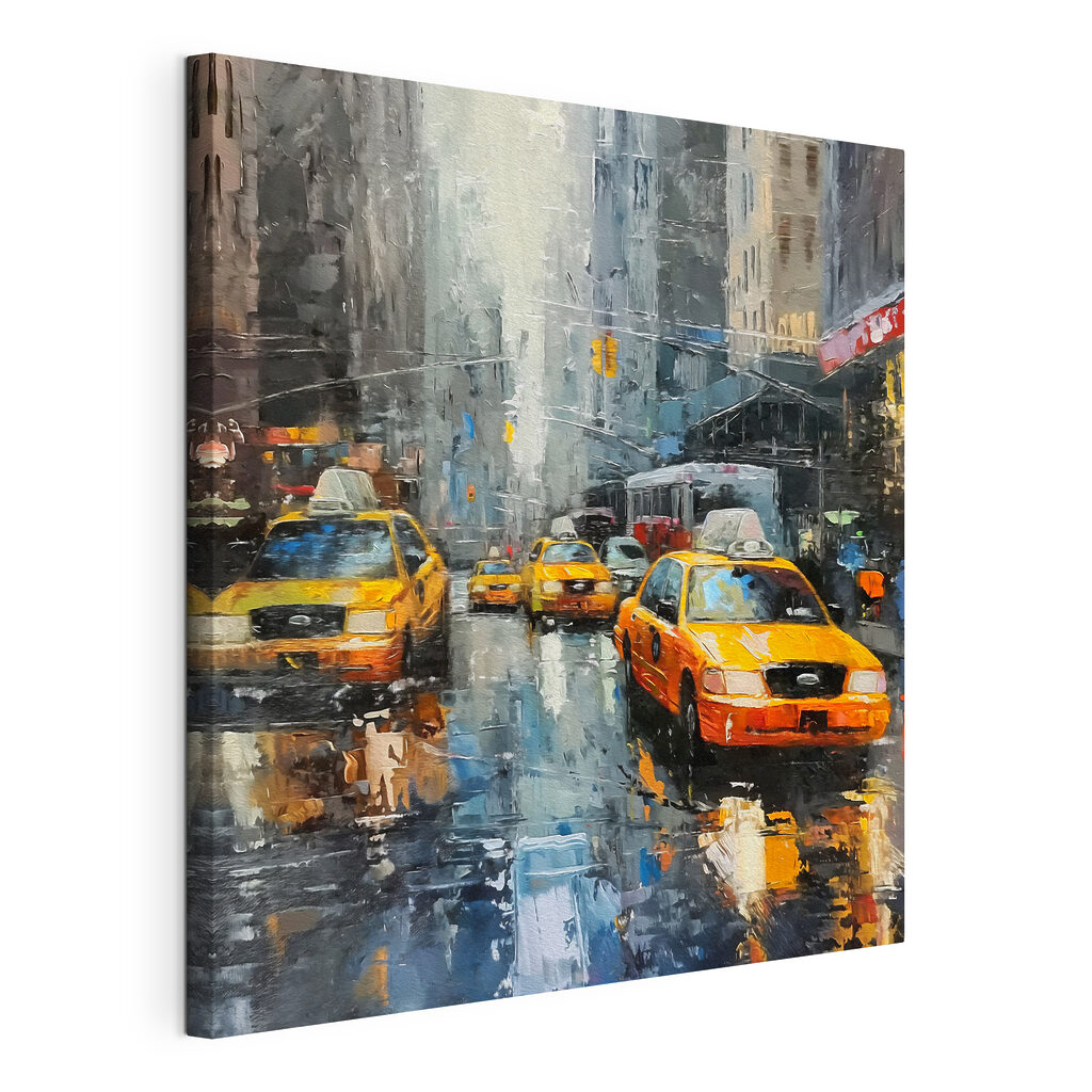 Painting of a street with yellow taxi cabs