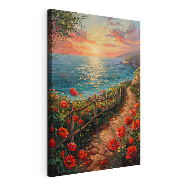 Painting of a path by the water with flowers