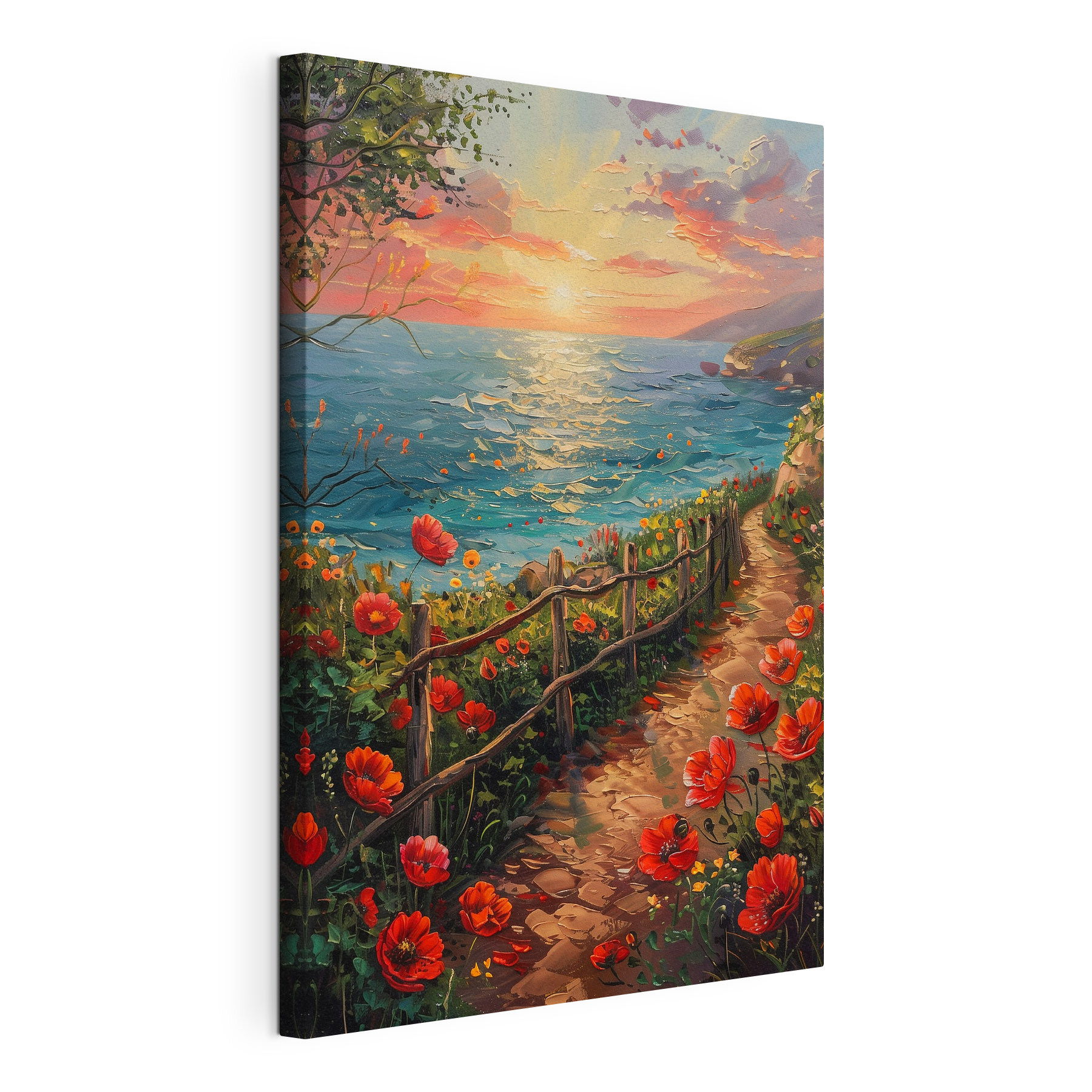 Painting of a path by the water with flowers