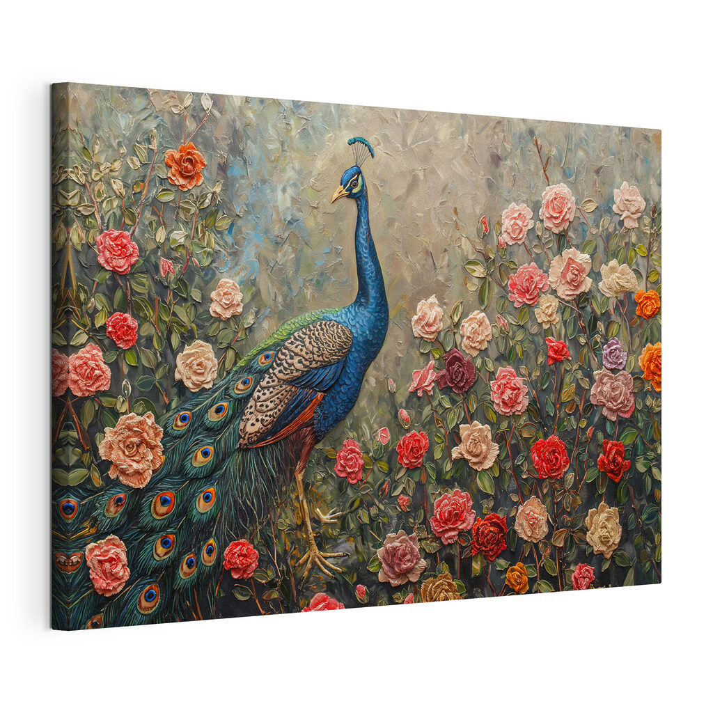 Painting of a peacock surrounded by flowers