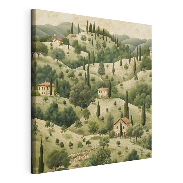 Painting of a landscape with houses and trees