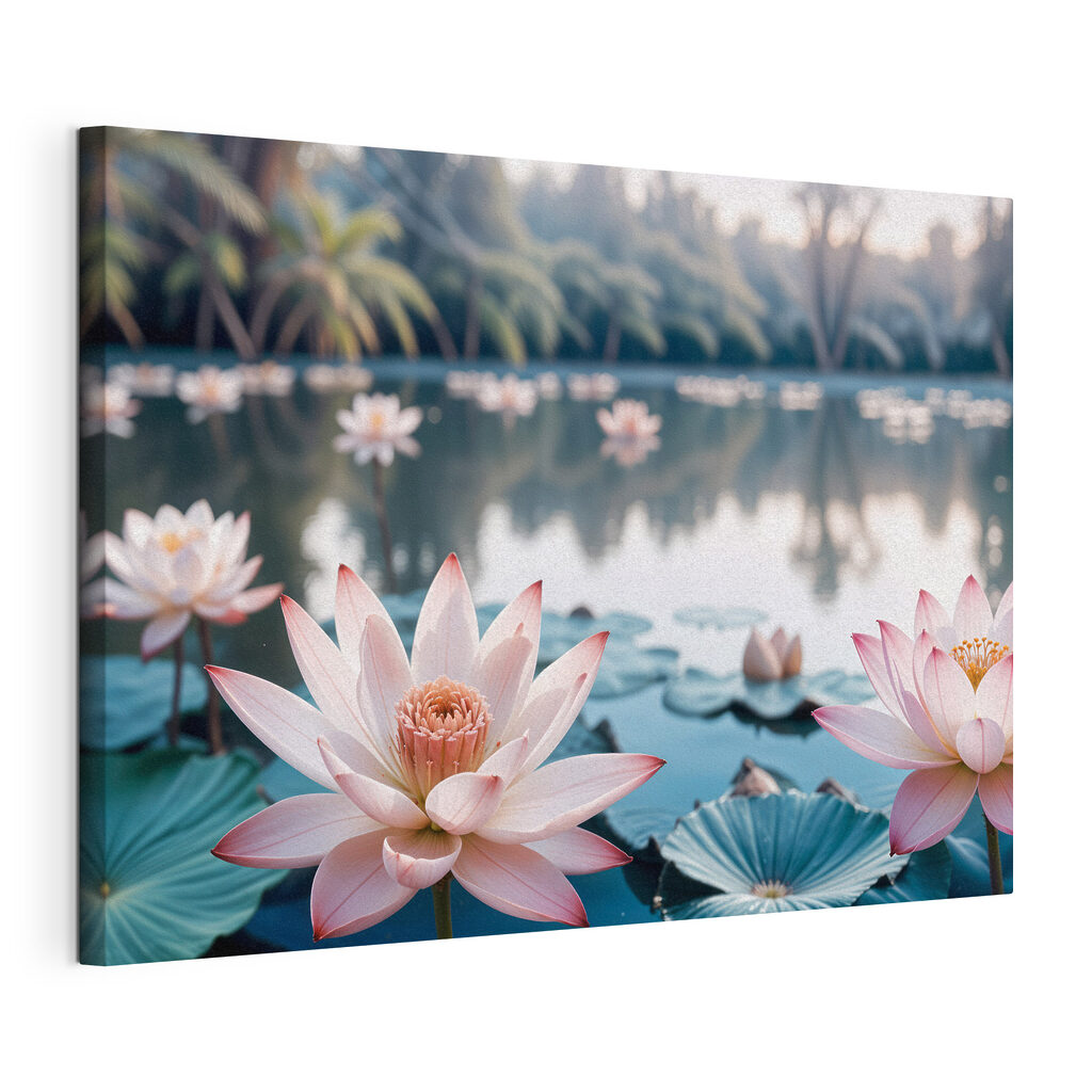 Pink and white flowers on a lake