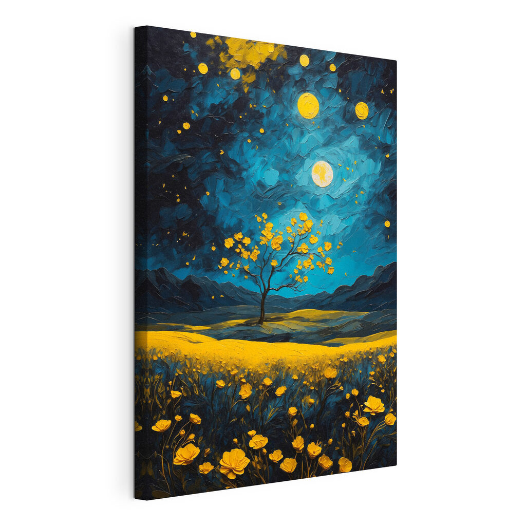 Painting of a tree in a field of flowers