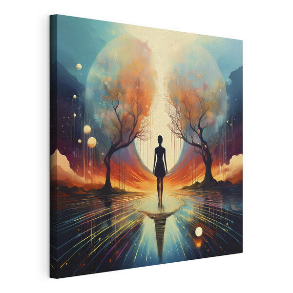 Woman standing on a reflective surface with trees and a large moon