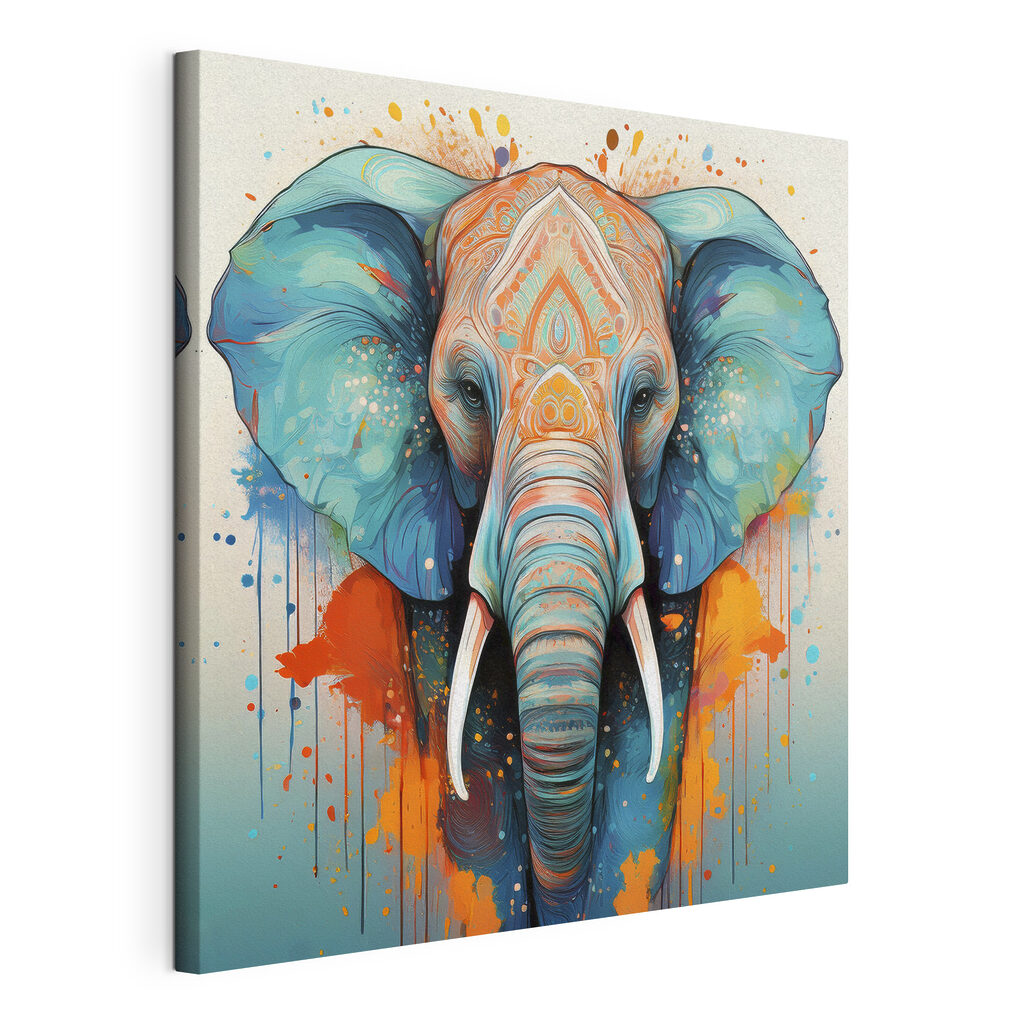 An elephant with colorful paint splatters