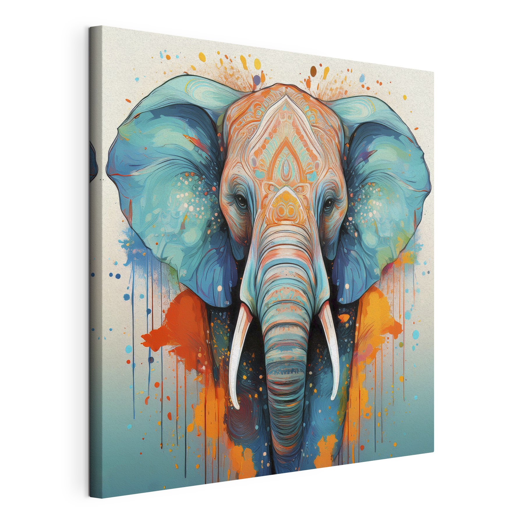 An elephant with colorful paint splatters