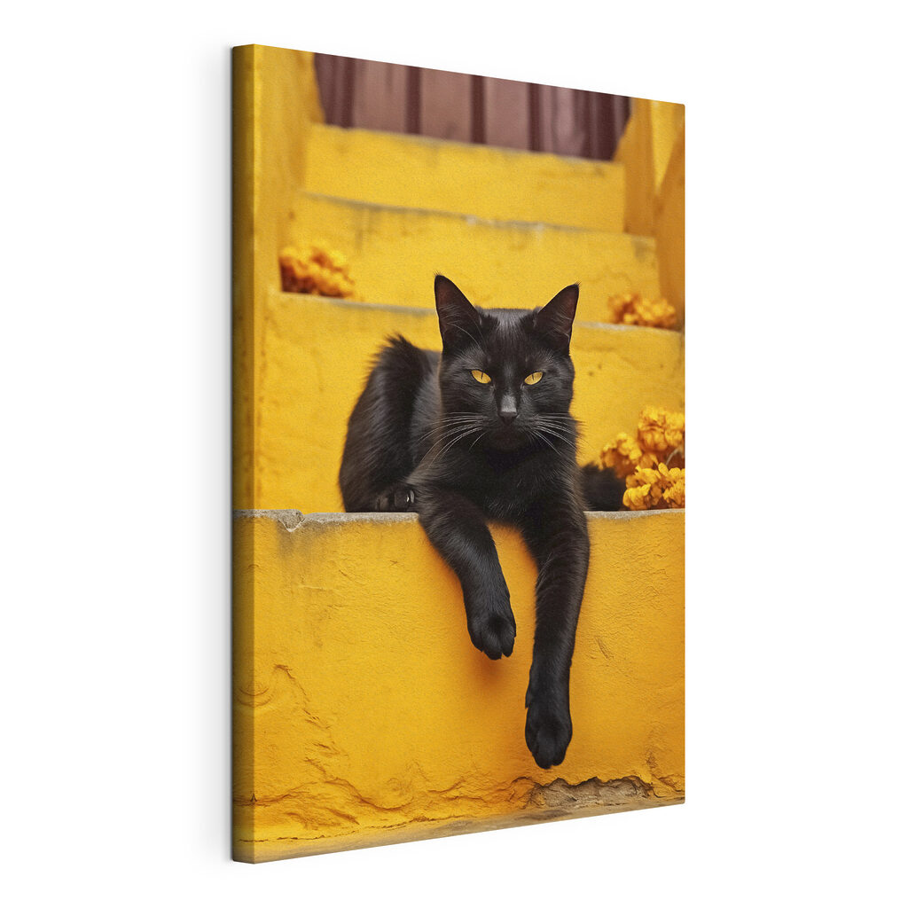 Black cat lying on a staircase