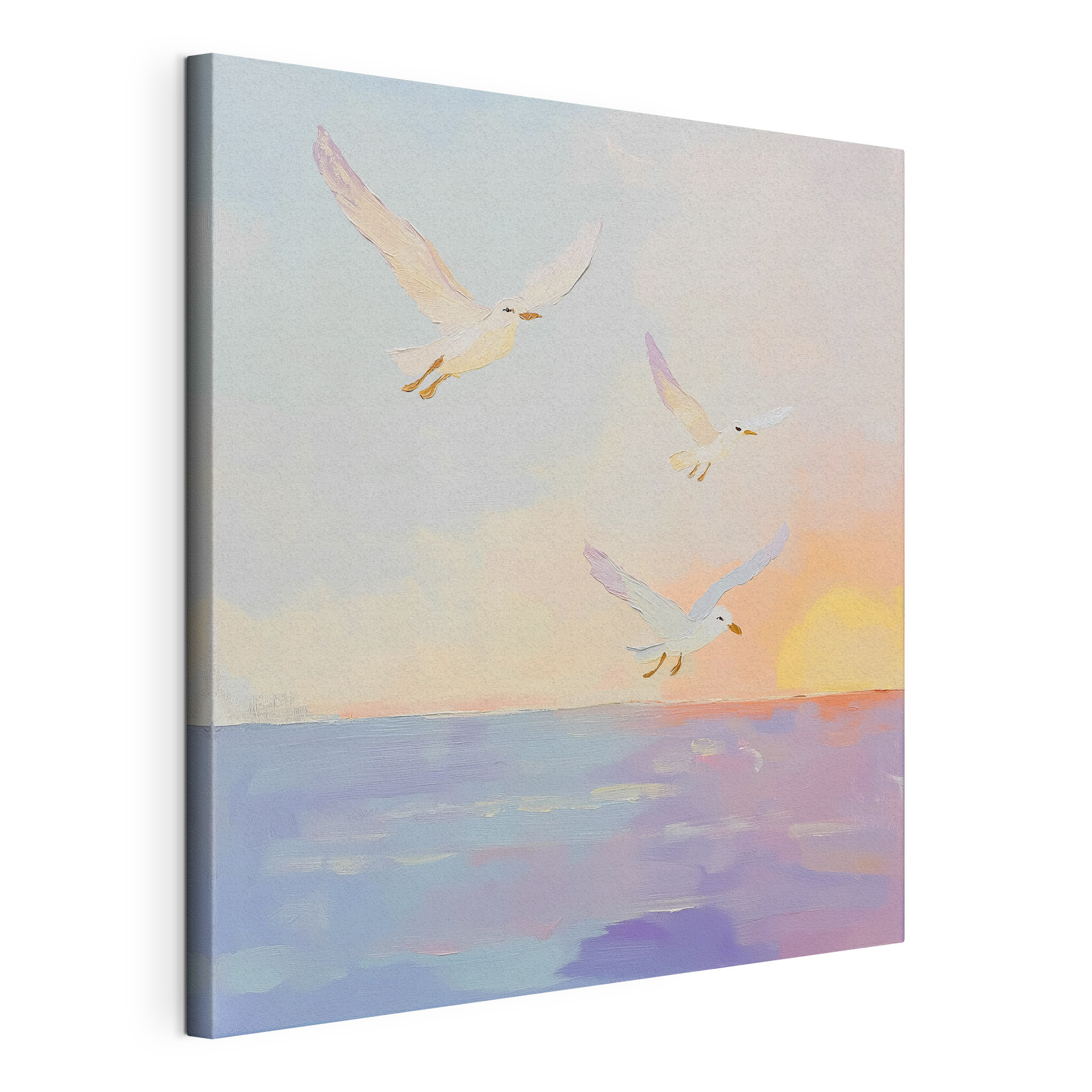 Painting of birds flying over water