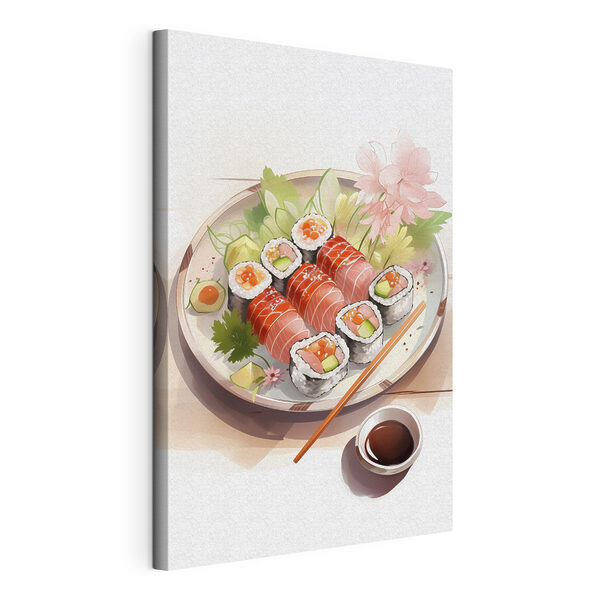 Obraz Tanier sushi s omáčkou a kvetmi