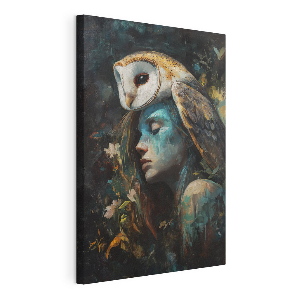 Painting of a woman with an owl on her head Painting of a woman with an owl on her head