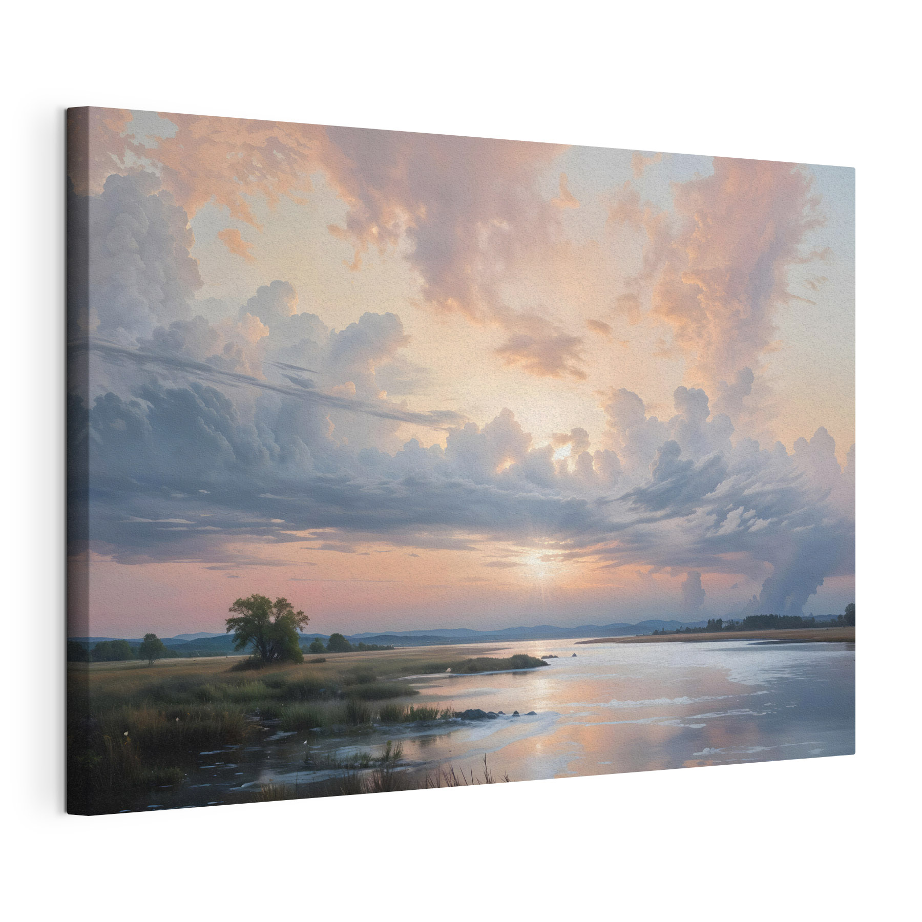 Body of water with a tree and clouds in the sky