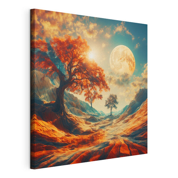 Landscape with trees and mountains and a moon