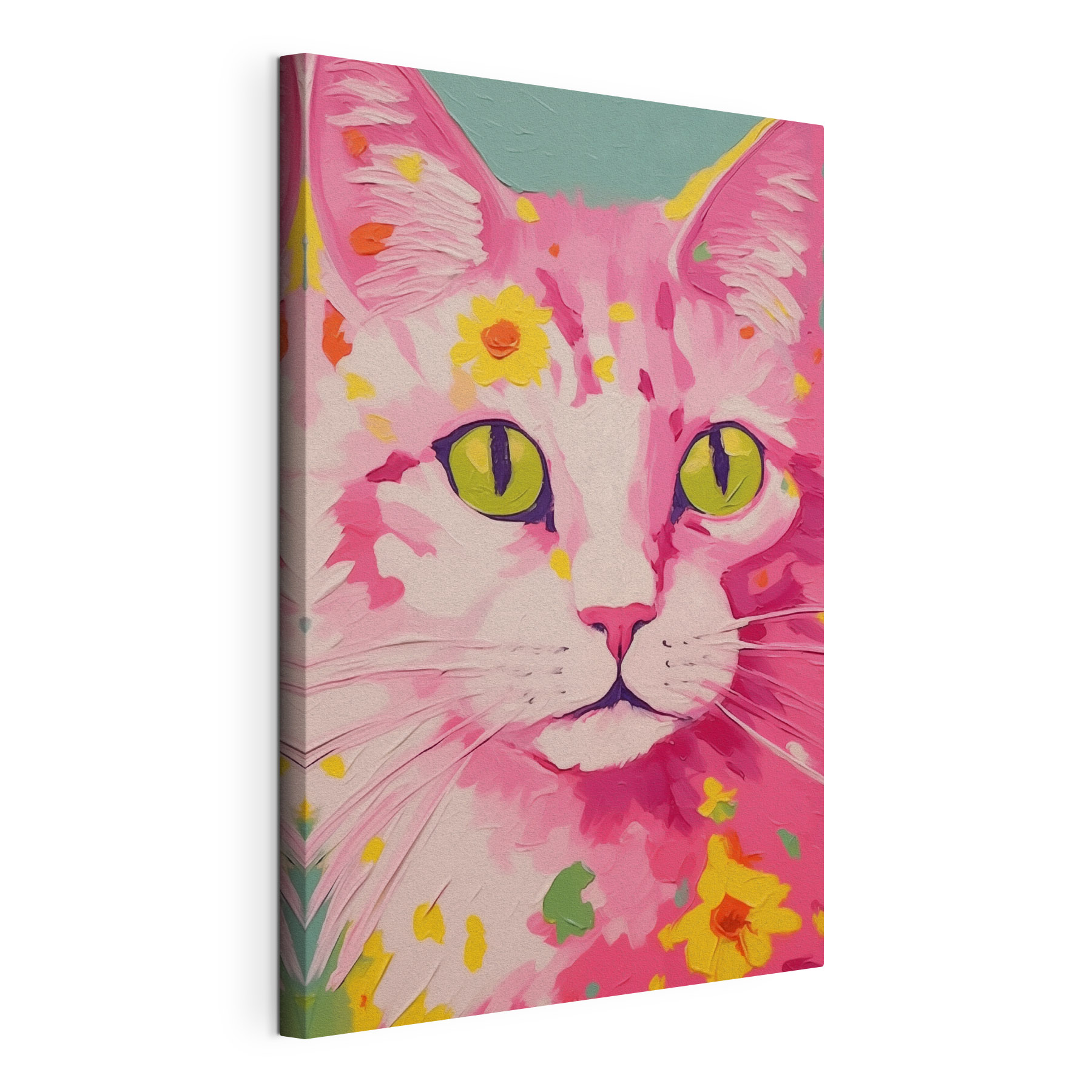 Painting of a cat with flowers on it