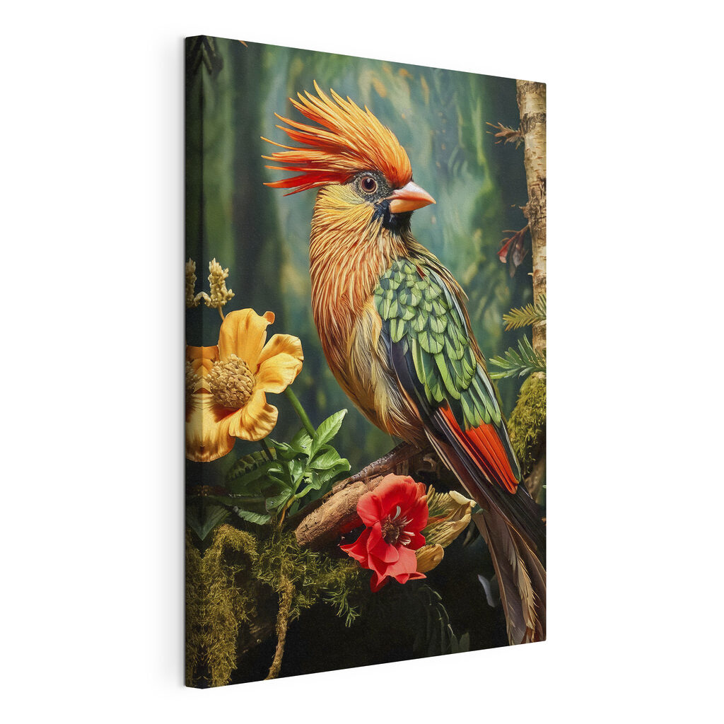Colorful bird sitting on a branch with flowers