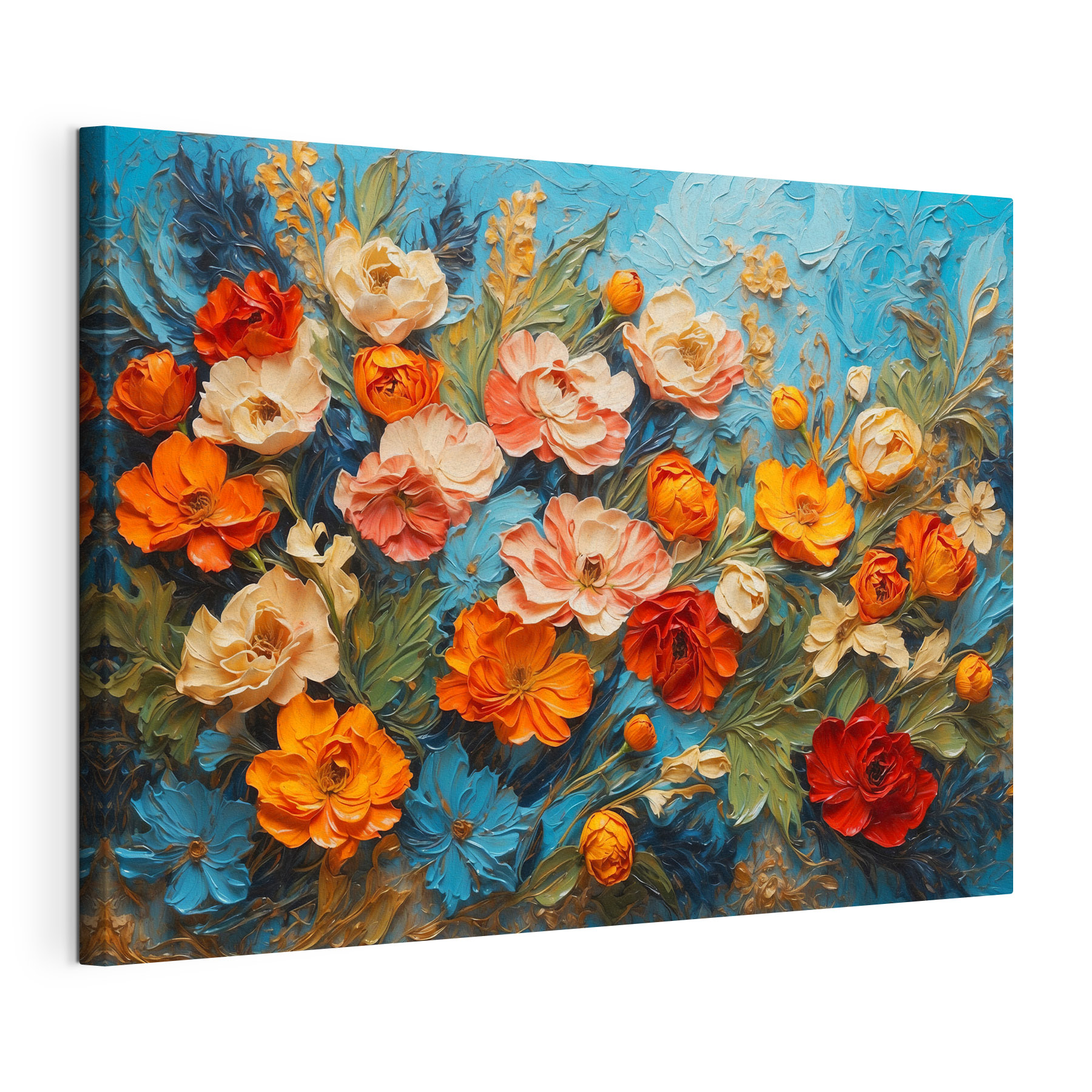 Painting of flowers on a blue surface