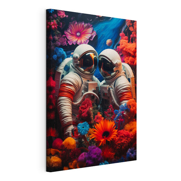 Dvaja astronauti v skafandroch a kvety Obraz Dvaja astronauti v skafandroch a kvety