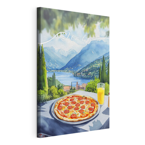 Pizza a džús na stole s horami a stromami Obraz Pizza a džús na stole s horami a stromami