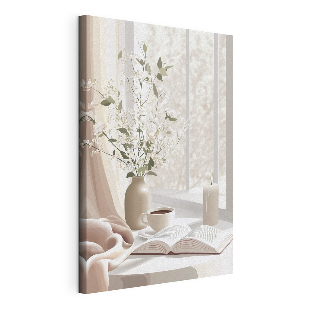 Cup of coffee and a vase of flowers on a window sill
