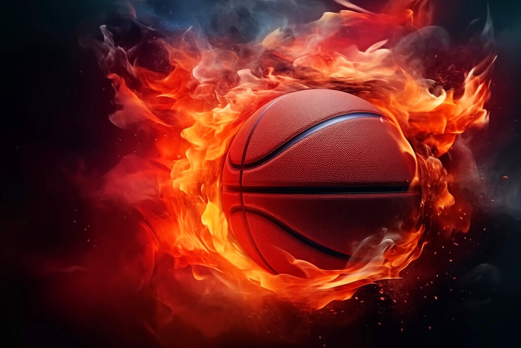 Basketball in flames on a black background