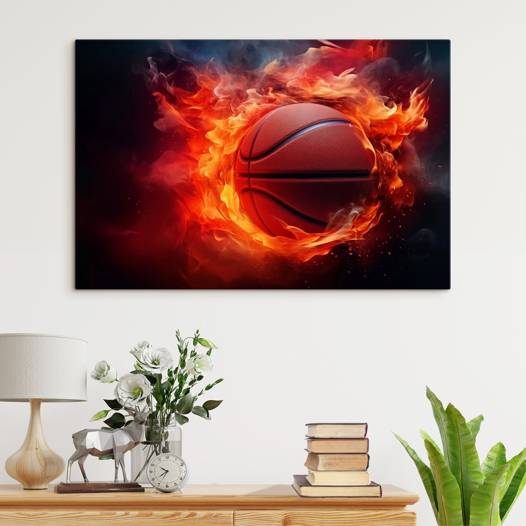 Basketball in flames on a black background
