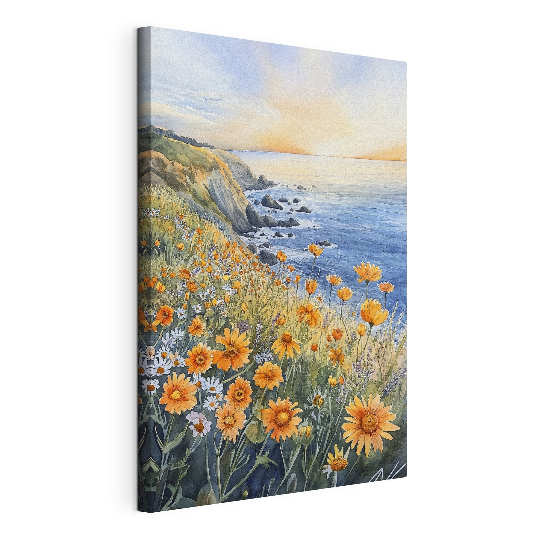 Painting of flowers on a cliff by the ocean Painting of flowers on a cliff by the ocean