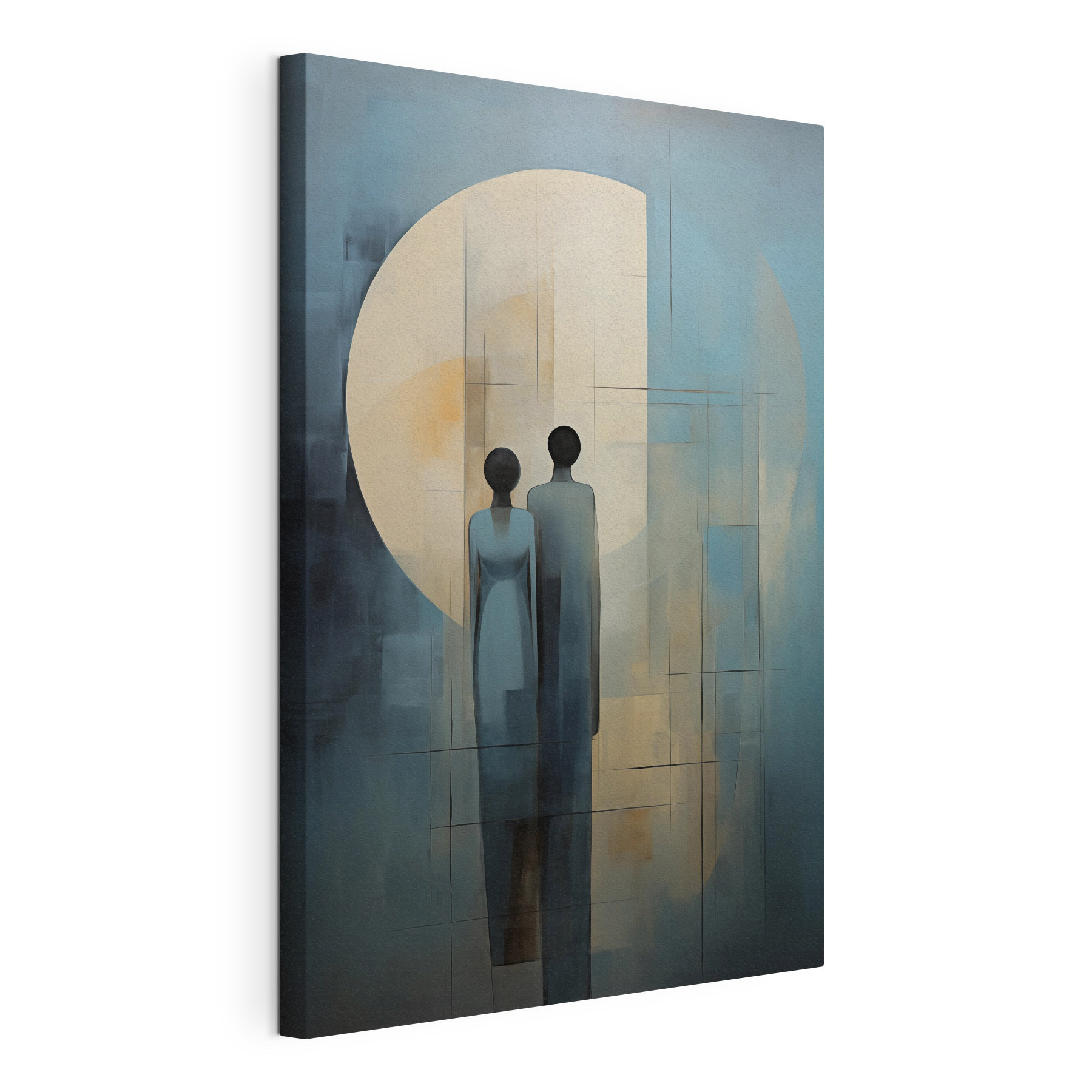 Painting of two people standing in front of a moon