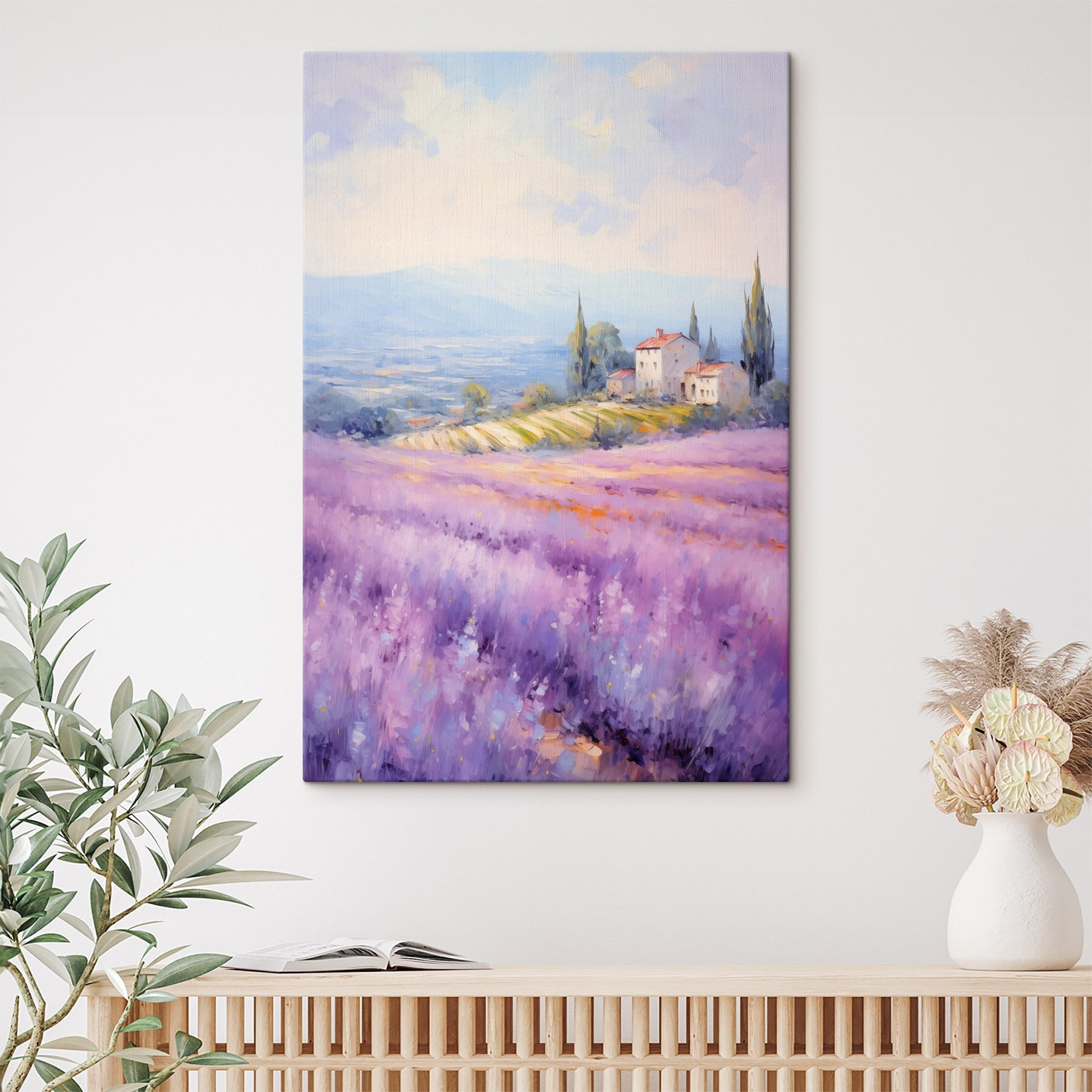 Painting of a house in a lavender field